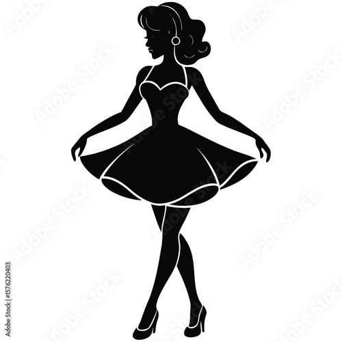 Black silhouette shows elegant woman holding her short flared dress against transparent background
