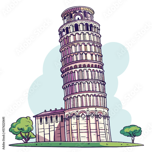 Leaning Tower of Pisa with Trees Artistic Illustration Cartoon Style