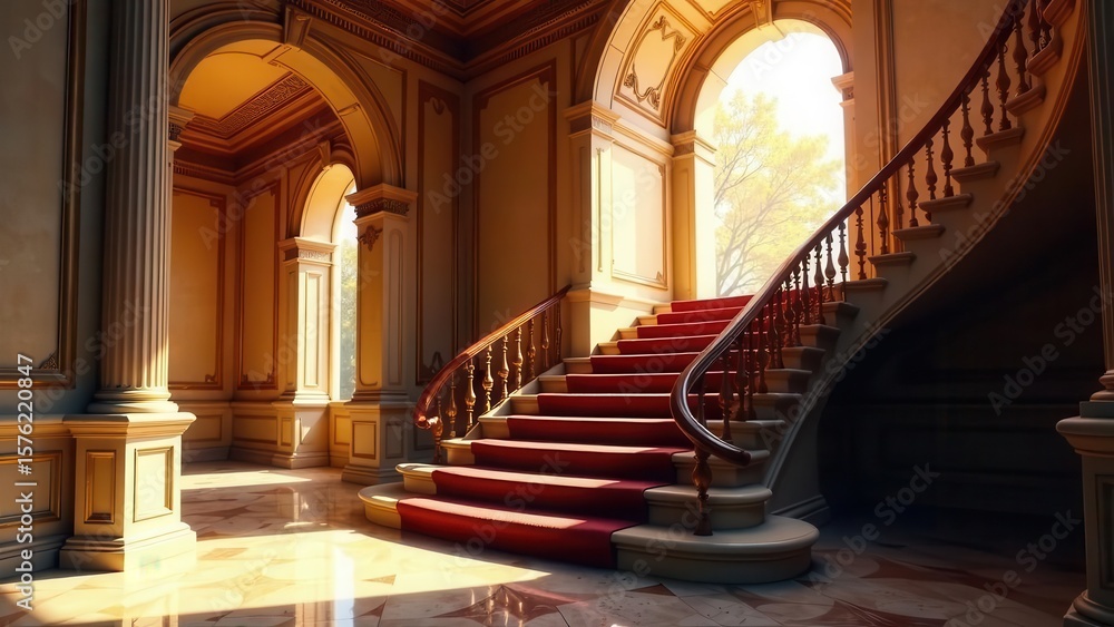 Fototapeta premium Elegant Grand Staircase with Red Carpet Runner in Sunlit Foyer