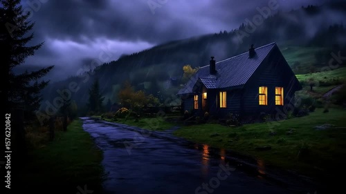 A secluded cabin with warm glowing windows stands beside a wet road amidst a dark rainy and misty mountain landscape at night
