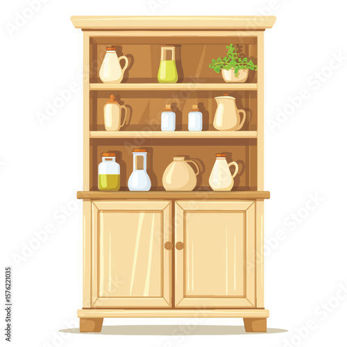 Light Wooden Hutch with Cream Pitchers and Jars