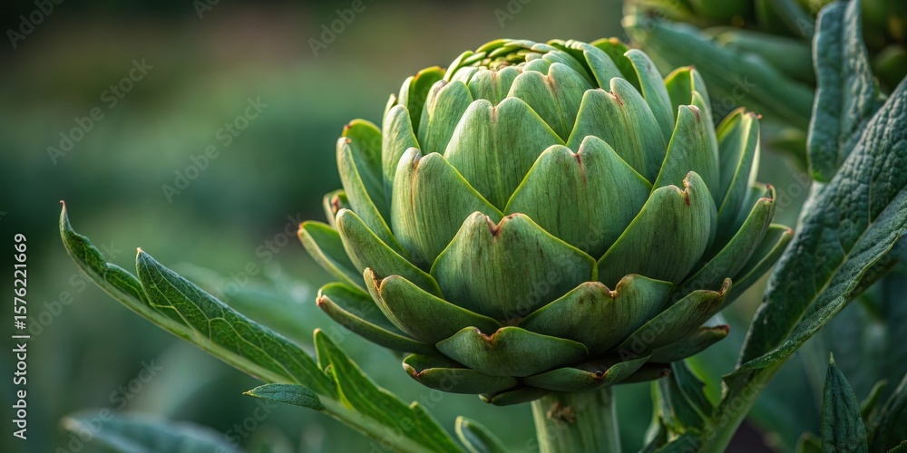 Green Artichoke Flower Bud Close-up, Organic, Vegetable Green Artichoke Flower Bud Close-up, Organic, Vegetable