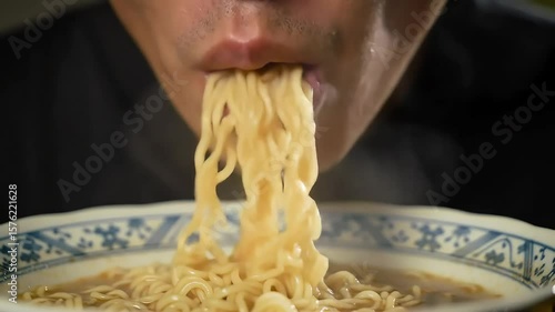 Man eating noodles, close-up, dark background