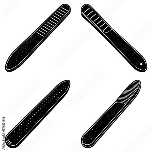 Four black and white nail files with different textures and shapes arranged symmetrically on white background