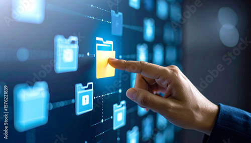 Data Access at Your Fingertips: A close-up view captures a hand interacting with a virtual interface, highlighting the ease of accessing and managing digital data in a modern digital world.