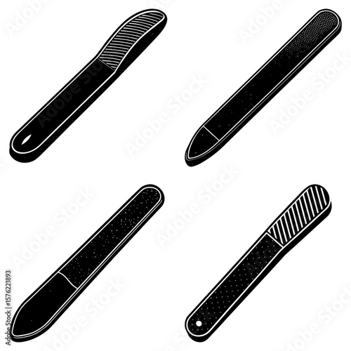 Four nail files with different textures and shapes arranged on a white background in a grid format