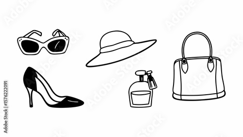 Illustration of sunglasses, high heel shoe, hat, perfume bottle, and handbag fashion accessories created with generated ai