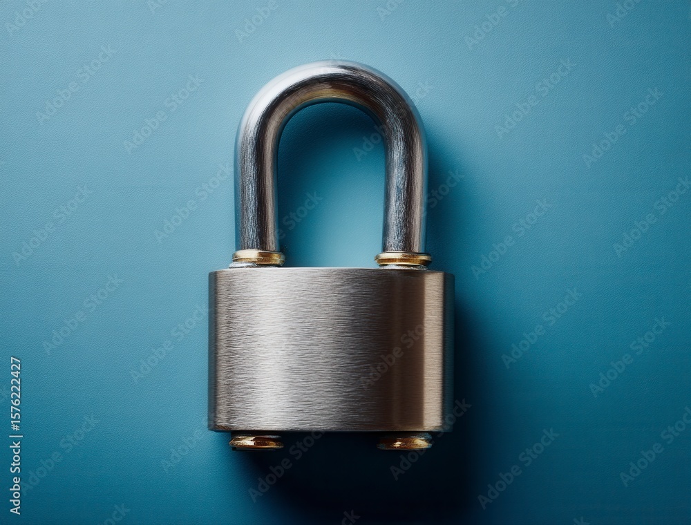 Fototapeta premium A silver lock with a gold trim sits on a blue surface. The lock is closed and he is in good condition