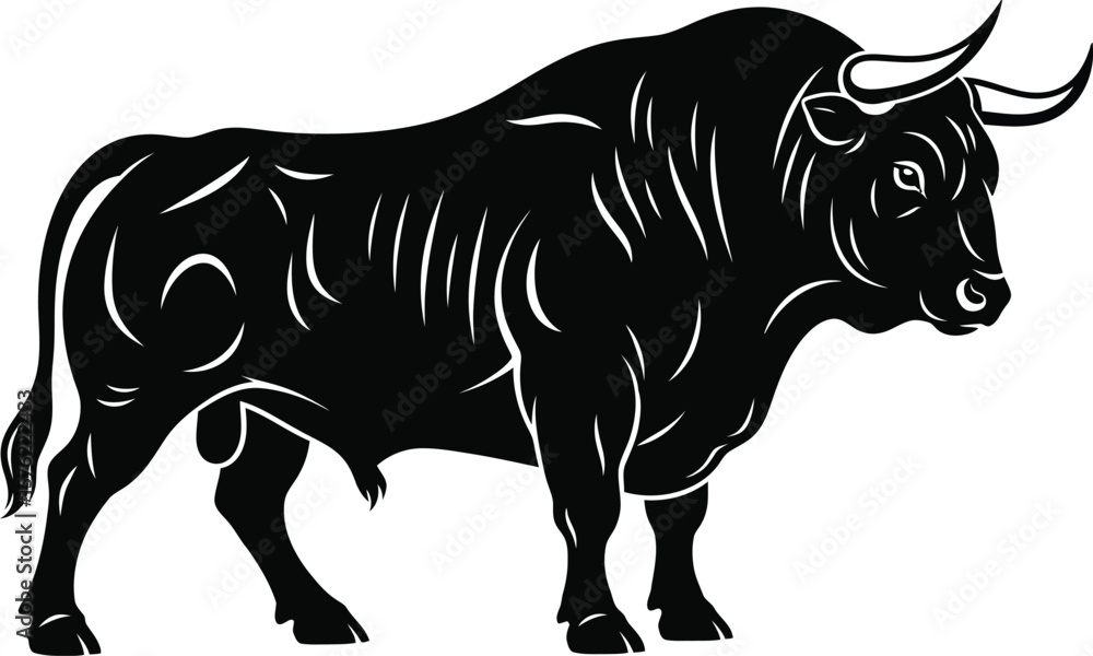 Fototapeta premium A strong and powerful bull with large horns standing in a field