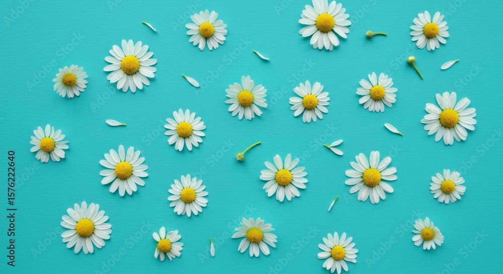 Daisy Flowers Scattered on Blue Background Floral Pattern Daisy Flowers Scattered on Blue Background Floral Pattern
