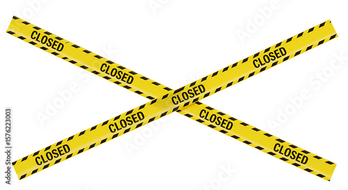 Closed warning tape with yellow and black stripes. Yellow CLOSED caution tape crossed in X shape for area restriction and safety warning