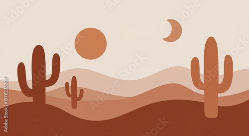 Modern Boho Chic Illustration of a Desert Night with Abstract Cactus, Sun, and Moon