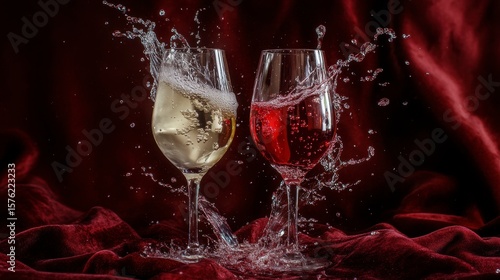 Two wine glasses clinking, splashing white and rosé wine against a dark red background.