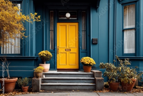 A yellow front door with a black mailbox on the porch. The door is surrounded by potted plants and a few yellow flowers. The house is blue and has a modern design