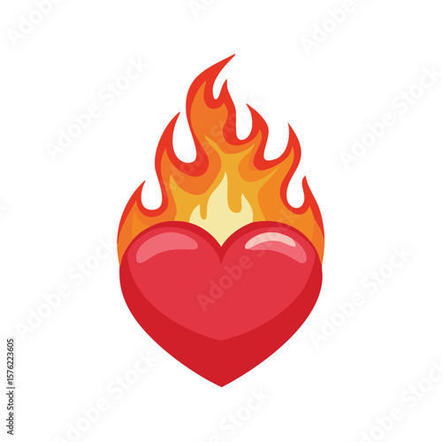 Fiery red heart burning with orange and yellow flames fire
