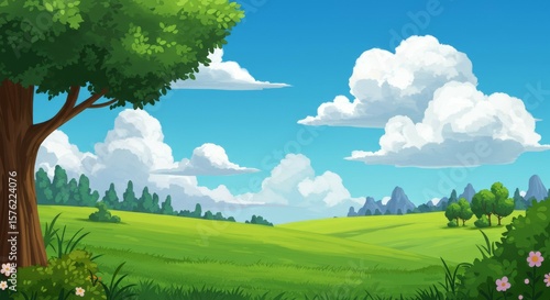 Scenic Green Field Landscape with Blue Sky and Clouds Cartoon