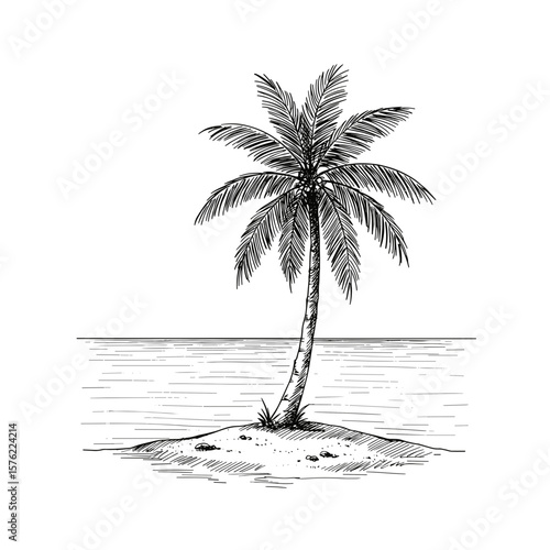 palm tree on island black and white hand drawing — vintage doodle ink sketch on white background

