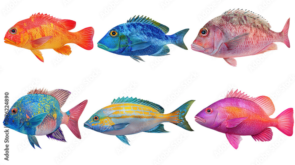 Naklejka premium various fish, isolated, transparent, background, cutout