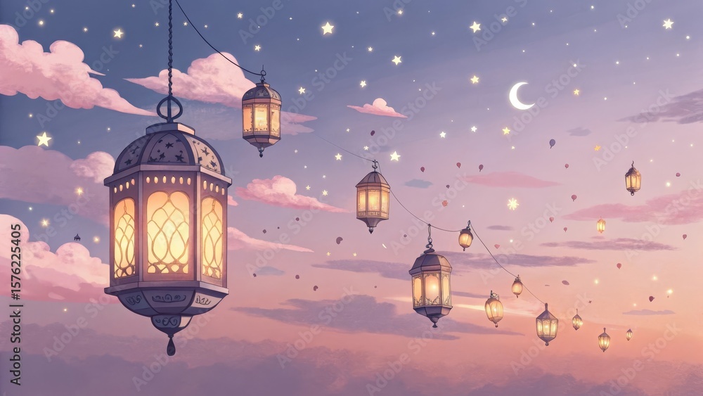 Obraz premium Dreamy Lanterns: Enchanting lanterns gently sway against a breathtaking backdrop of a starlit night sky. The scene is designed to evoke feelings of wonder, serenity, and enchantment.