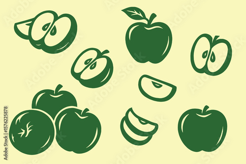 Apples whole and sliced, cartoon sketch style, vector illustration