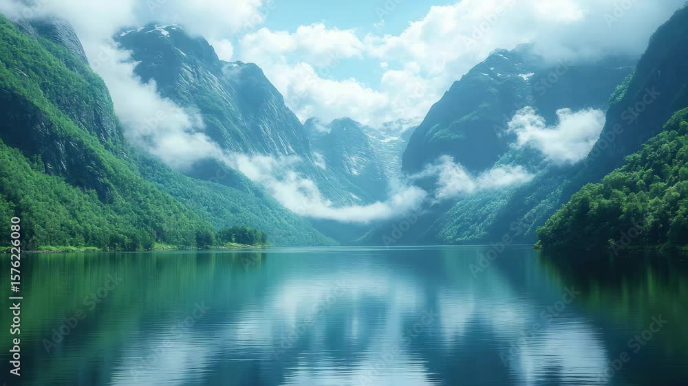 Tranquil lake reflecting majestic mountains under bright blue sky in Norway Tranquil lake reflecting majestic mountains under bright blue sky in Norway