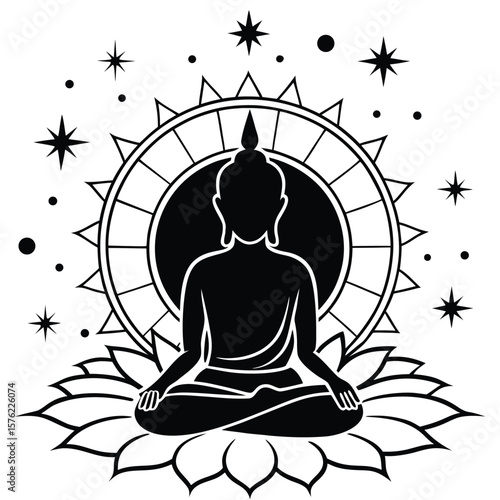 Radiant Buddha Silhouette Meditating in Celestial Sky - Vector Illustration