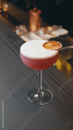 close-up view cocktail in restaurant. barman behind counter makes cocktails with ice. ice cubes in margarita glass. bartender shakes shaker. special serving alcoholic cocktail. drops fall into glass
