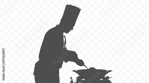 Chef in tall hat cooking in a wok on a stove captured in a striking dark silhouette