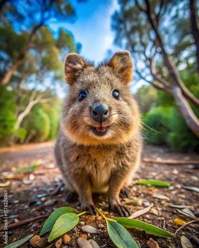 A cute quokka smiles at the camera in the forest