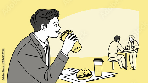 Illustration of man drinking soda with burger and coffee at lunch break with coworkers meeting at cafe