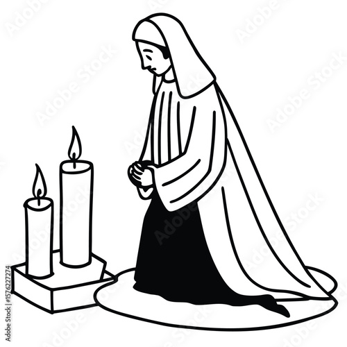 Kneeling Nun in Prayer Soft Candlelight Illumination