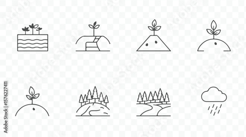 Collection of simple line art icons depicting plant growth and natural elements like hills trees and rain silhouette