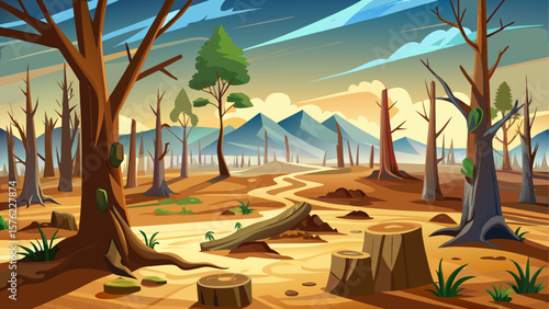 Barren forest landscape showing the impact of deforestation with scattered tree stumps under bright daylight. Environmental destruction in a natural setting. Vector illustration.