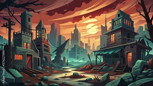 Eerie zombie apocalypse cityscape featuring abandoned buildings, dilapidated structures, and ominous lighting. Dark, dramatic post-apocalyptic urban scene with haunting atmosphere. Vector illustration