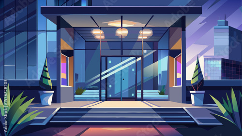 Modern office entrance at night illuminated by soft lighting, featuring glass doors, clean lines, and contemporary architecture. Quiet and sleek urban setting. Vector illustration.