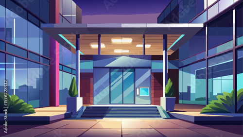 Modern office entrance at night illuminated by soft lighting, featuring glass doors, clean lines, and contemporary architecture. Quiet and sleek urban setting. Vector illustration.