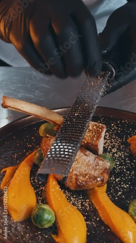 close up presentation design of dish with meat at Michelin restaurant. slow motion chef laying out greens spices sauce decorations modern fine cuisine. haute cuisine establishments. blurred background