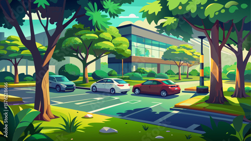 Peaceful green parking lot shaded by trees and surrounded by lush greenery, creating a calm and serene atmosphere within an urban environment. Vector illustration.