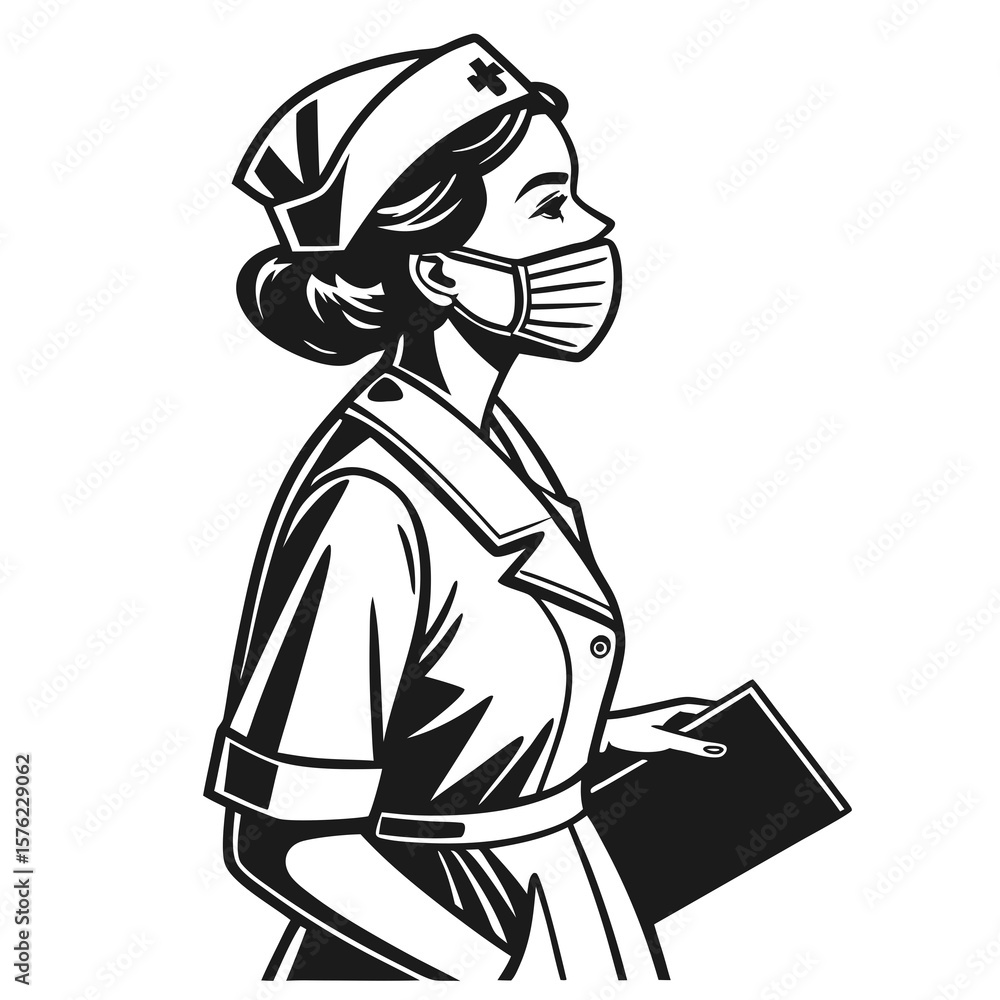 Fototapeta premium illustration of a healthcare worker wearing a face mask and carrying a clipboard representing medical professionals during health crises in