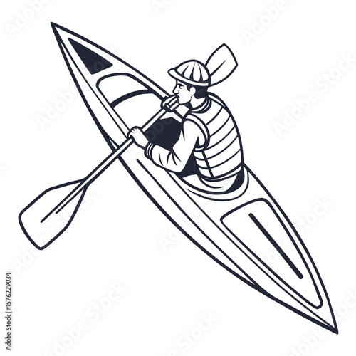 Minimalist black and white illustration of a person kayaking in a narrow streamlined boat portable for outdoor water adventure activities