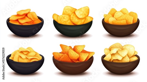 Set of different crispy potato chips in bowls. Snack food