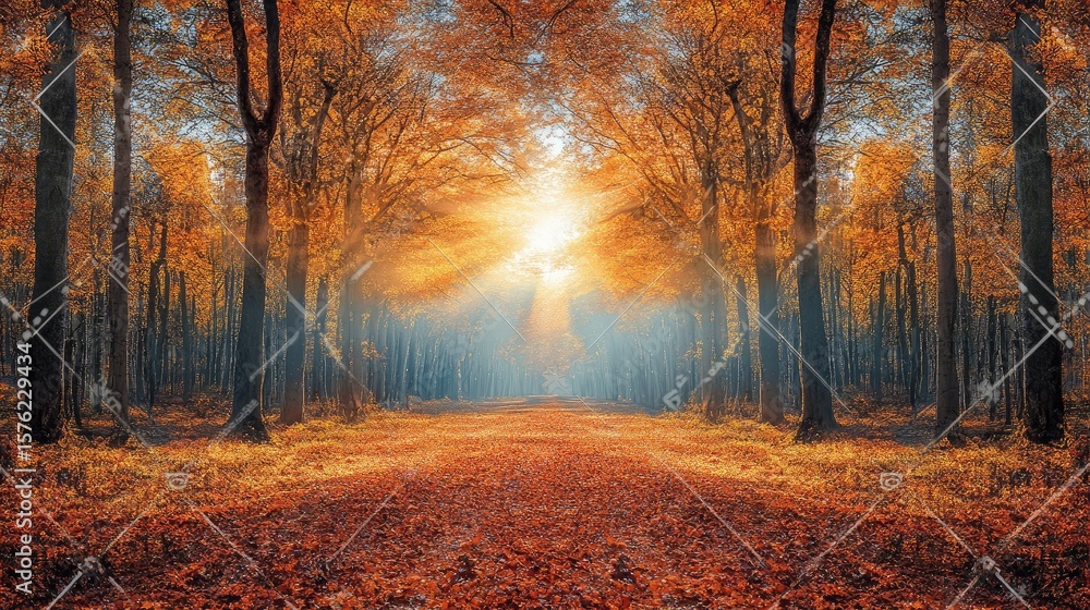 Obraz premium Autumnal sunbeams pierce a forest path.