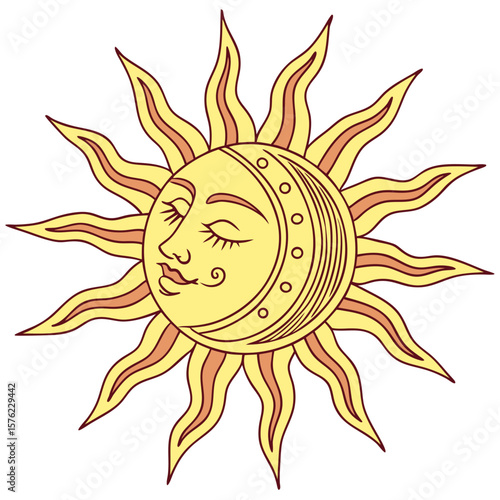 Artistic depiction of a stylized sun and moon celestial ensemble brightening a tranquil sky portraying harmonious cosmic balance and mystic