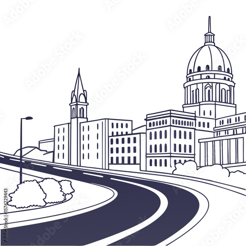 Minimalist Line Art Depiction of a Civic Cityscape Highlighting Architectural Details and Urban Infrastructure with a Clear Emphasis on City Skyline