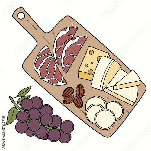 Artisan Charcuterie Board Featuring Assorted Cheeses, Fresh Grapes, Nuts, and Sliced Meats for Elegant Food Presentation