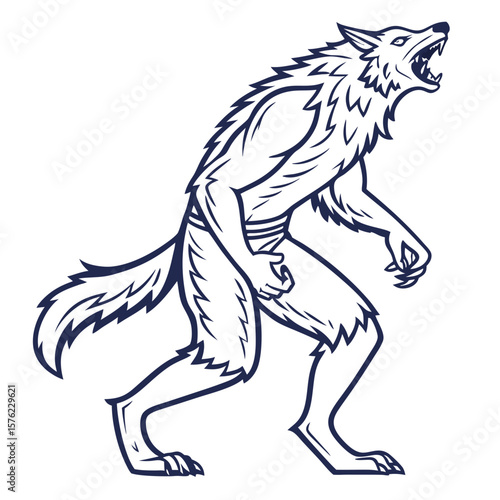 Dynamic illustration of a fierce werewolf creature with detailed muscular build and aggressive stance illustrating mythical beast imagery for