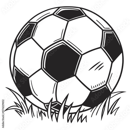 Dynamic Illustration of a Classic Soccer Ball resting on lush grass demonstrating sports equipment design with bold lines and detailed shading