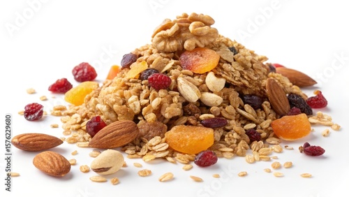 Pile of Granola with Dried Fruits and Nuts on White, Healthy Food , Breakfast