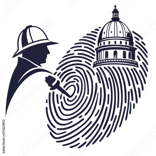 Investigative firefighter using magnifying glass to examine fingerprint pattern near historic capitol building silhouette