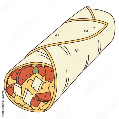 Illustration of a freshly prepared wrap with colorful ingredients including meats cheeses and vegetables in a soft flatbread bread roll for a quick